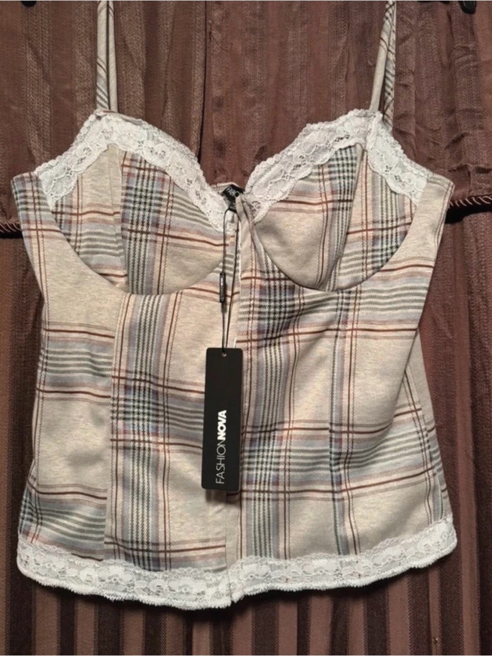 New- 12-14 Fashion Nova festival, resort, vacation Cream Plaid Lace-Trim Bustier